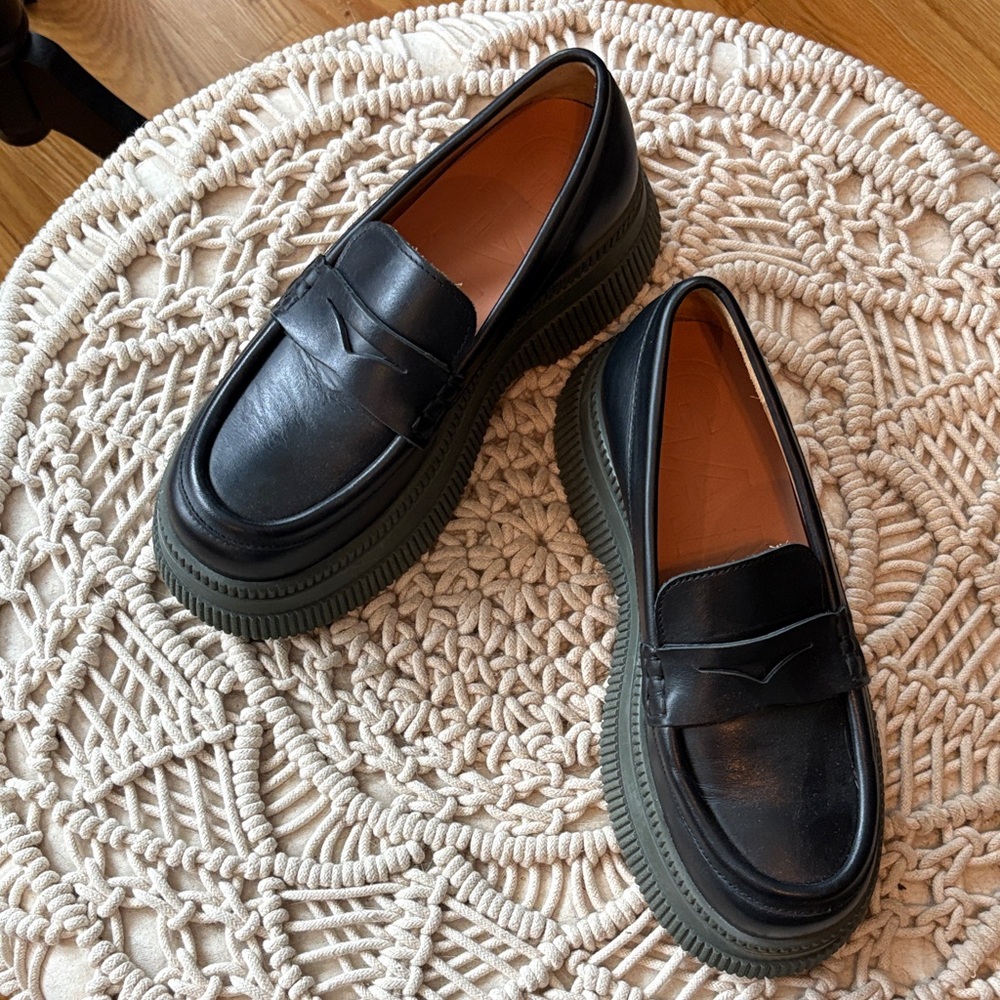 Ganni Black Loafers with Green Soles